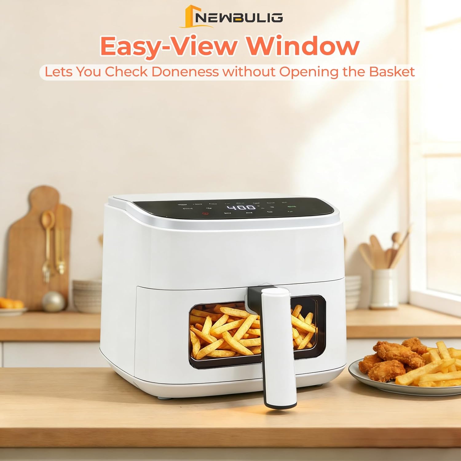 NEWBULIG Air Fryer，4QT Small AirFryer with Easy View Window and Interior Light, Digital Touchscreen with 8 Presets for Custom Cooking, Nonstick and Dishwasher Safe Basket, White