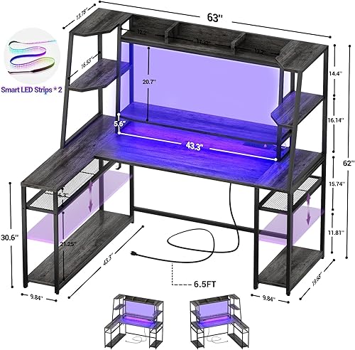 Miniatura 18 de Armocity Escritorio para juegos en forma de L con gabinete y estantes, escritorio para computadora de juegos de 47 pulgadas con luces LED y Roble