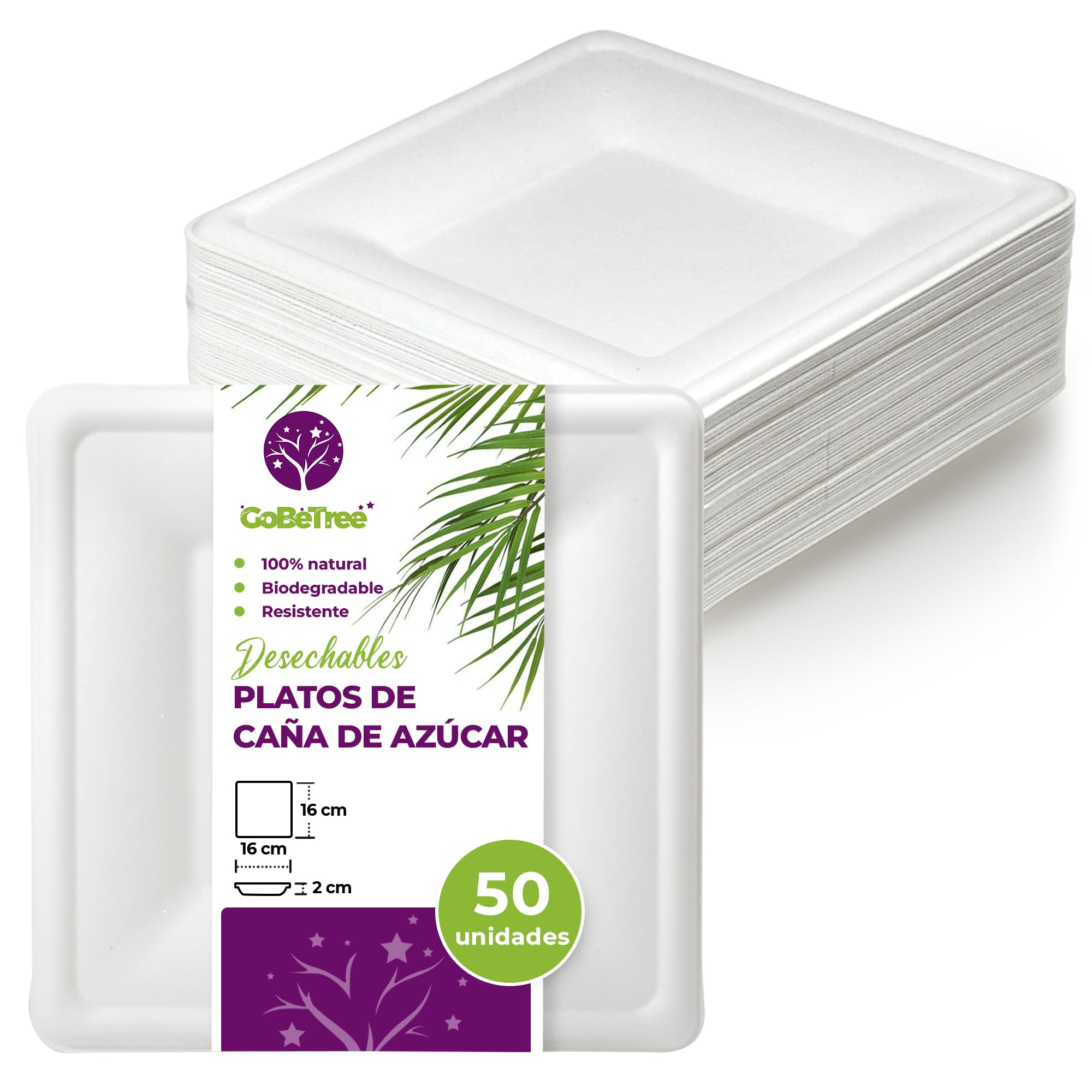 Platos desechables extrafuertes de caña de azúcar cuadrados de 16 cm de GoBeTree