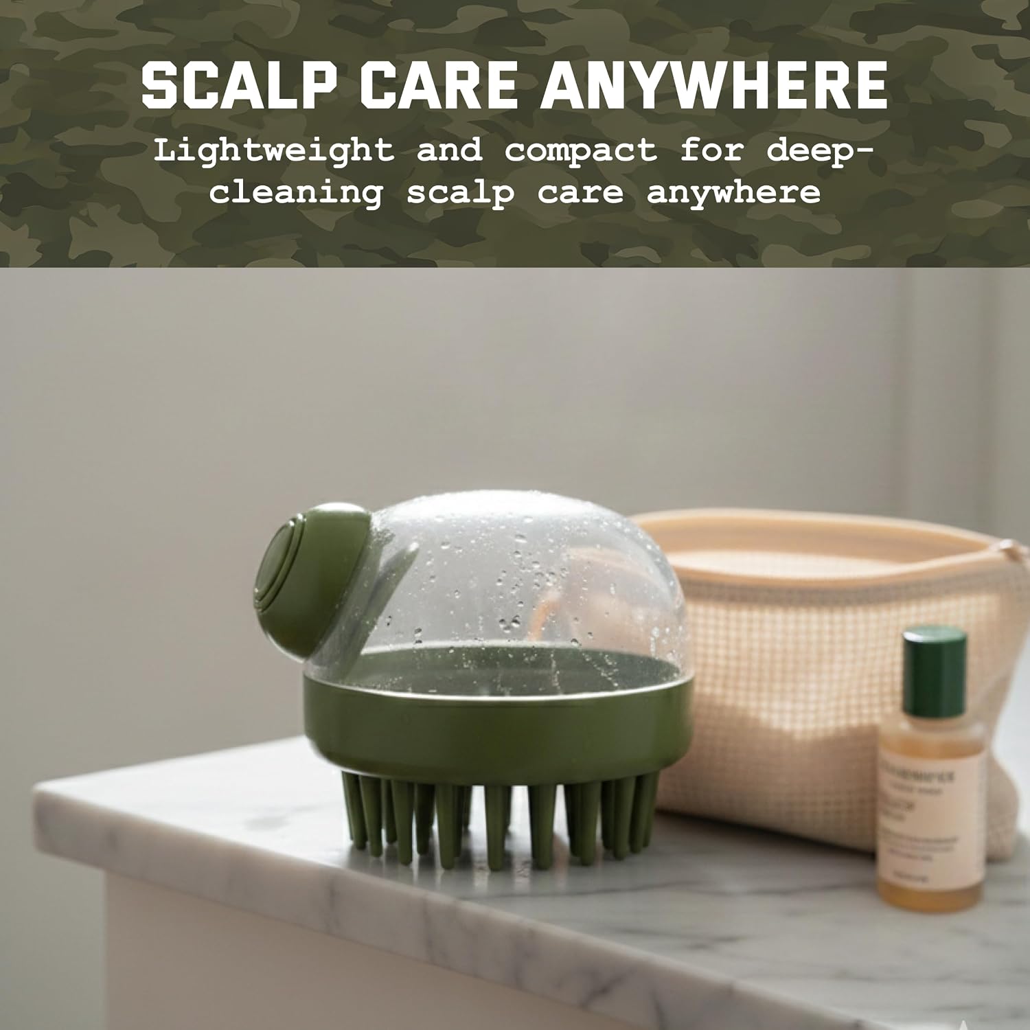 U.S. Army Scalp Massager, Exfoliating Handheld Head and Temple Scrubber Brush with Soap Dispenser and Deep Cleaning Bristles