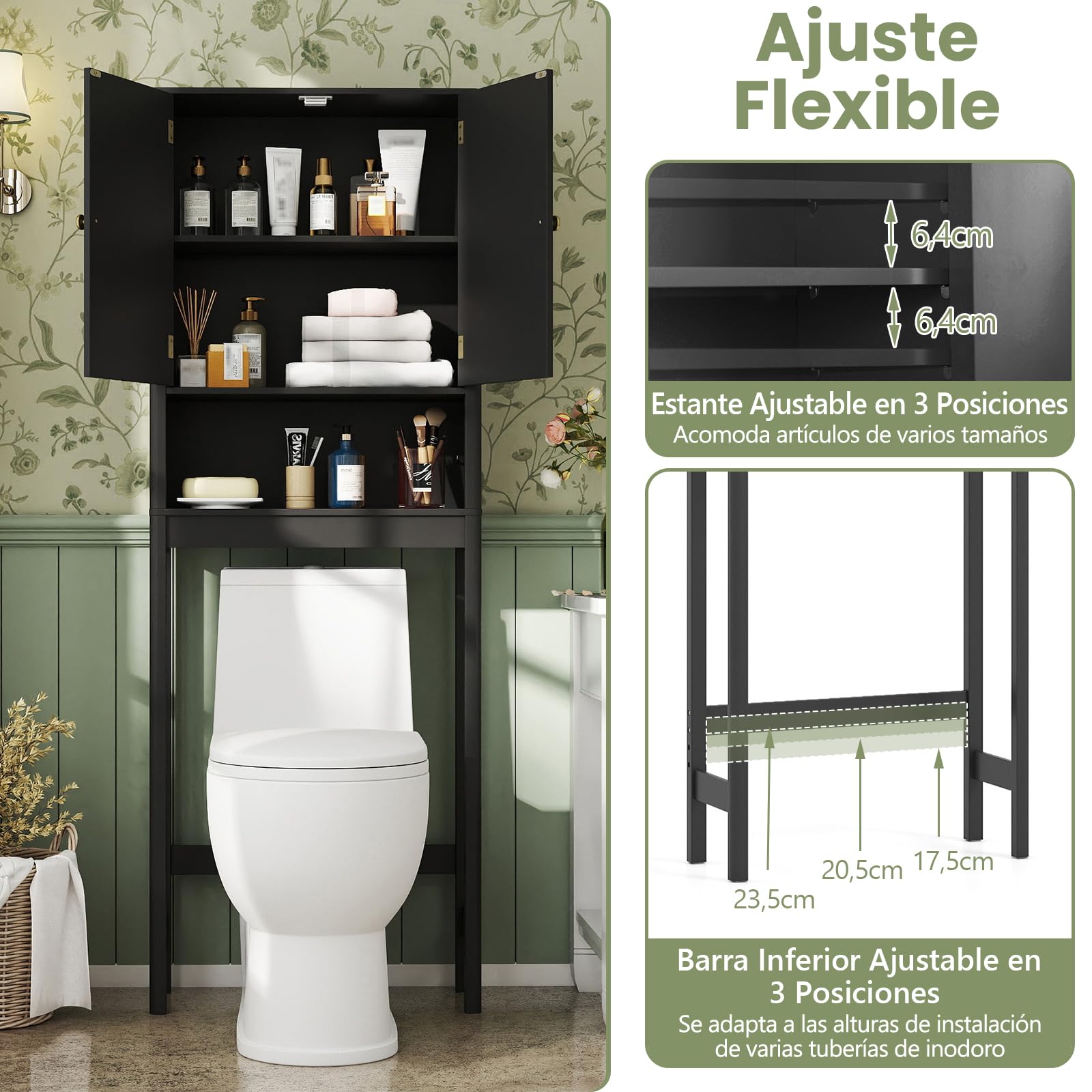 COSTWAY Mueble sobre Inodoro, Mueble de Baño con Puertas Acanaladas, Estante Ajustable en 3 Posiciones y Barra Inferior Ajustable en 3 Niveles,Armario Alto sobre el Inodoro con Almacenamiento (Negro)