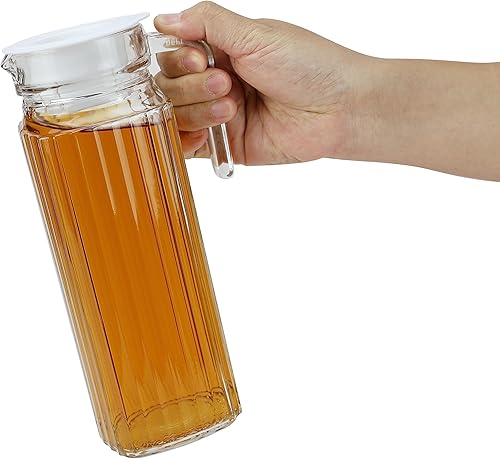 EIKS Jarra de vidrio de 37 onzas con tapa, jarra de agua para refrigerador, contenedor de bebidas para servir líquidos calientes, bebidas frías,