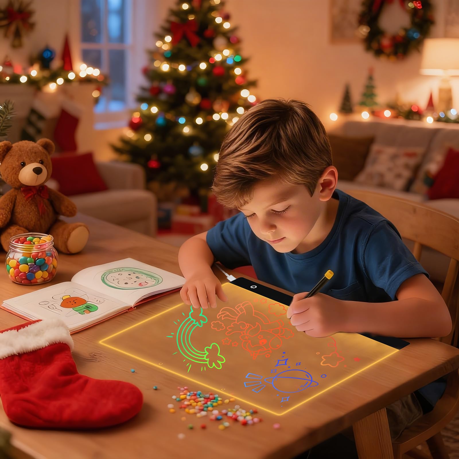 Lavagnetta in Acrilico con Luci LED 40x30cm, 5 Modalità e 6 Colori Bacheca Luminosa a LED, Lavagna Promemoria, Lavagna Magica, Trasparente Lavagnetta Cancellabile con Penna a 7 Colori Catena Supporto