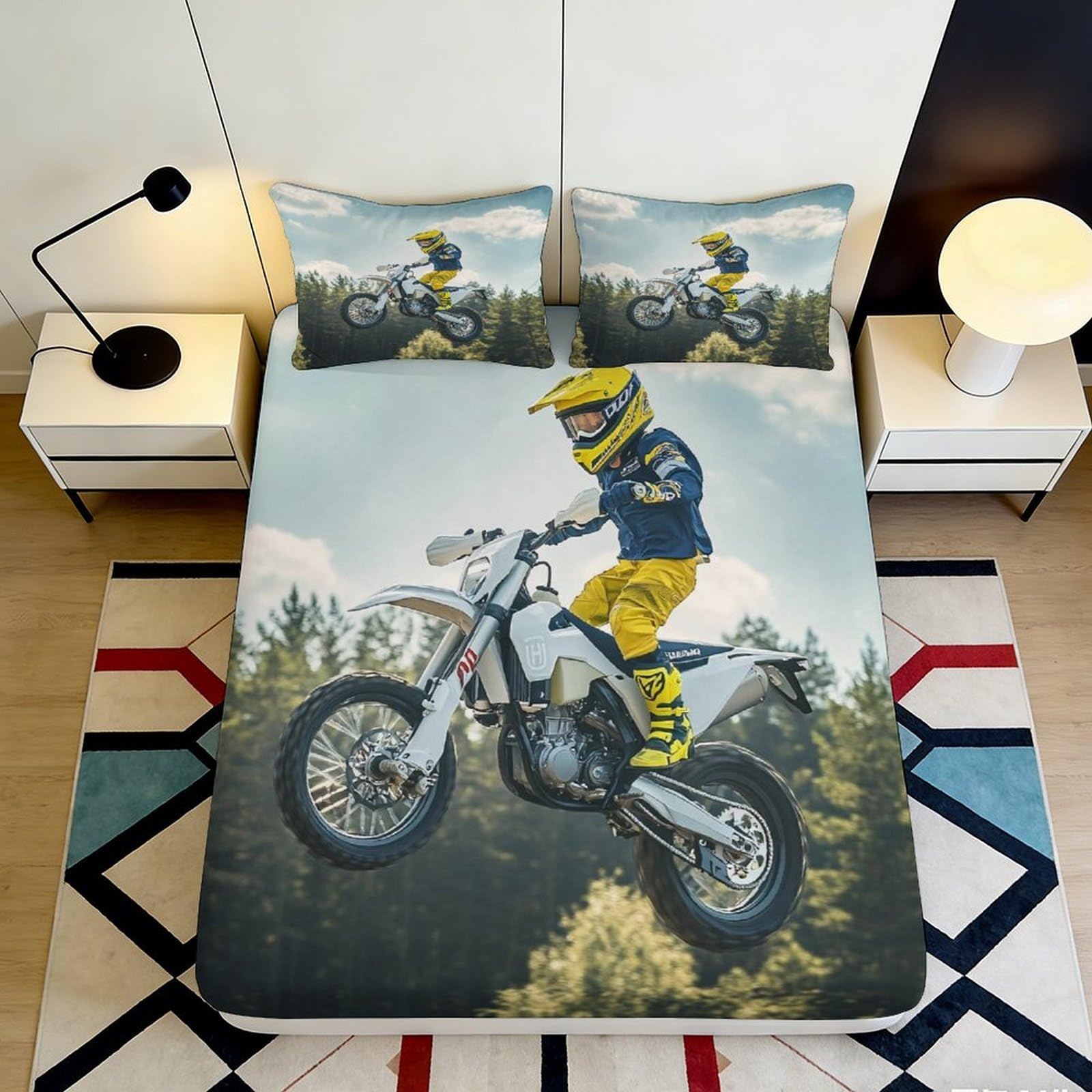 Jqzkxnhpbr Style-5 3D Printed Motocross Rider Fitted Sheet Microfiber Soft Blue Yellow Forest Bed Cover For Bedroom Guestroom Decor 90X200x25cm