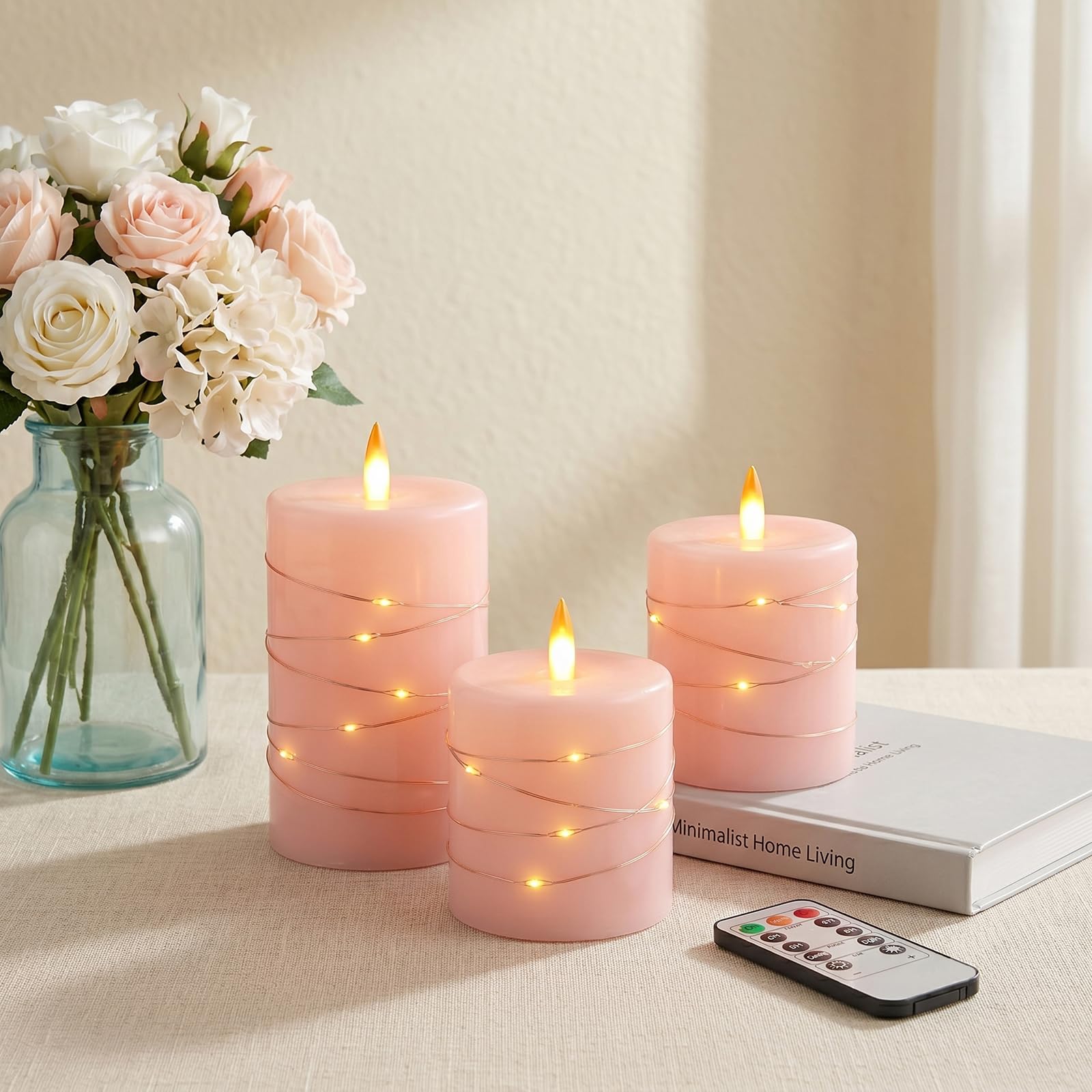 Maxspace Candele senza fiamma con catena luminosa, candele a LED con fiamma tremolante con telecomando, in vera cera, candele a colonna alimentate a batteria, per regali di nozze, set da 3 (rosa)