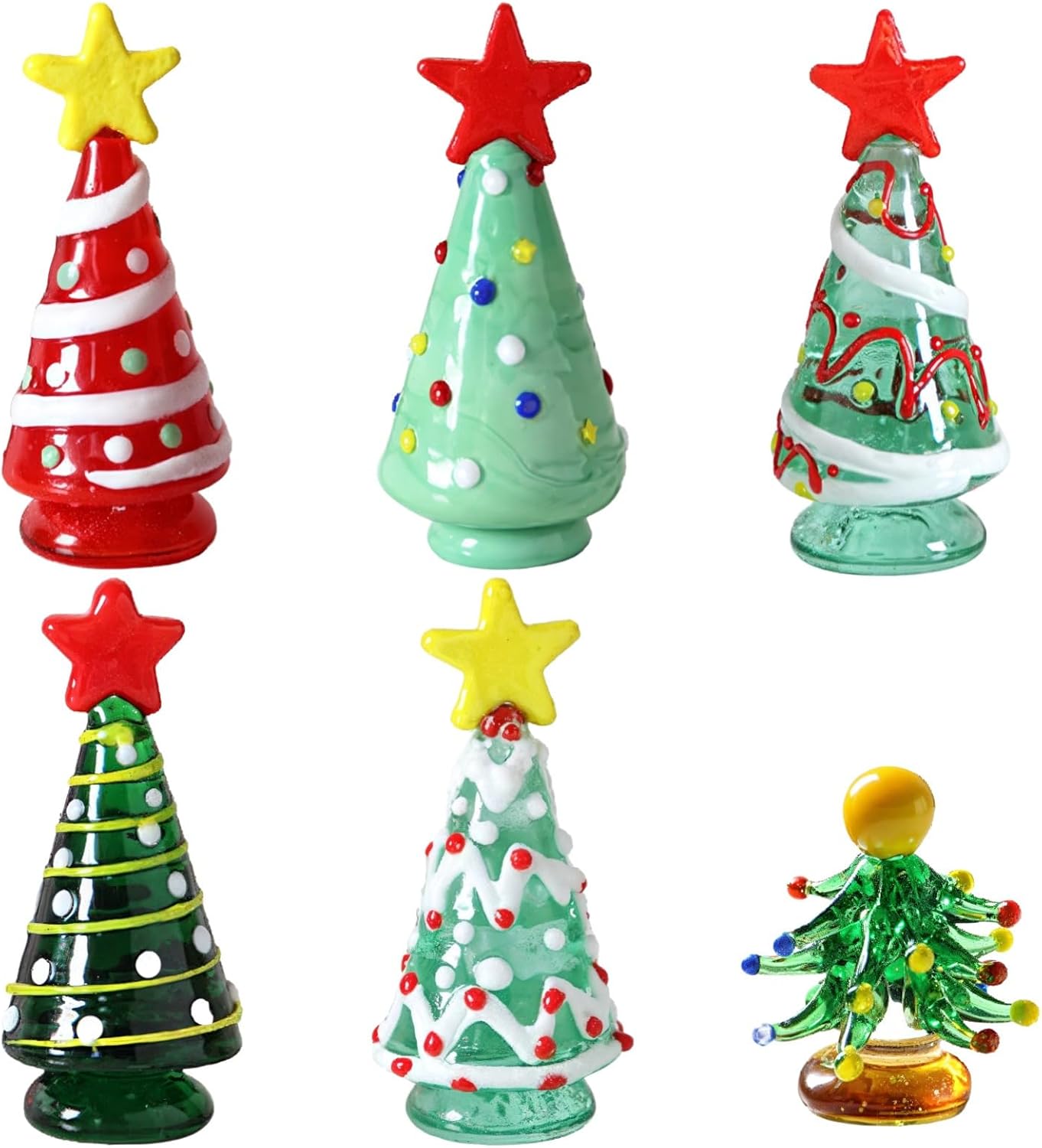 6 Glass Christmas Tree Ornaments, Handcrafted Mini Trees with Stars, 2.6 to 3-Inch Figurines for Holiday Décor, Colorful Glass Decorations for Home, Car, and Office