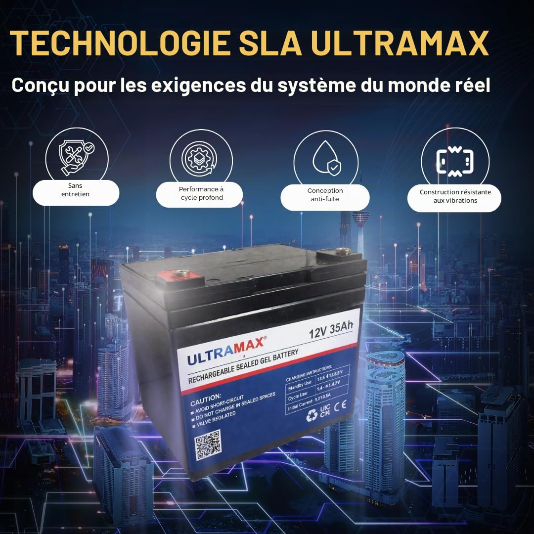 UltraMax NPG35-12, 12V 35Ah 20HR 36 trous Batterie pour chariot de golf (30 Ah, 31 Ah, 32 Ah, 33 Ah, et 36 Ah)