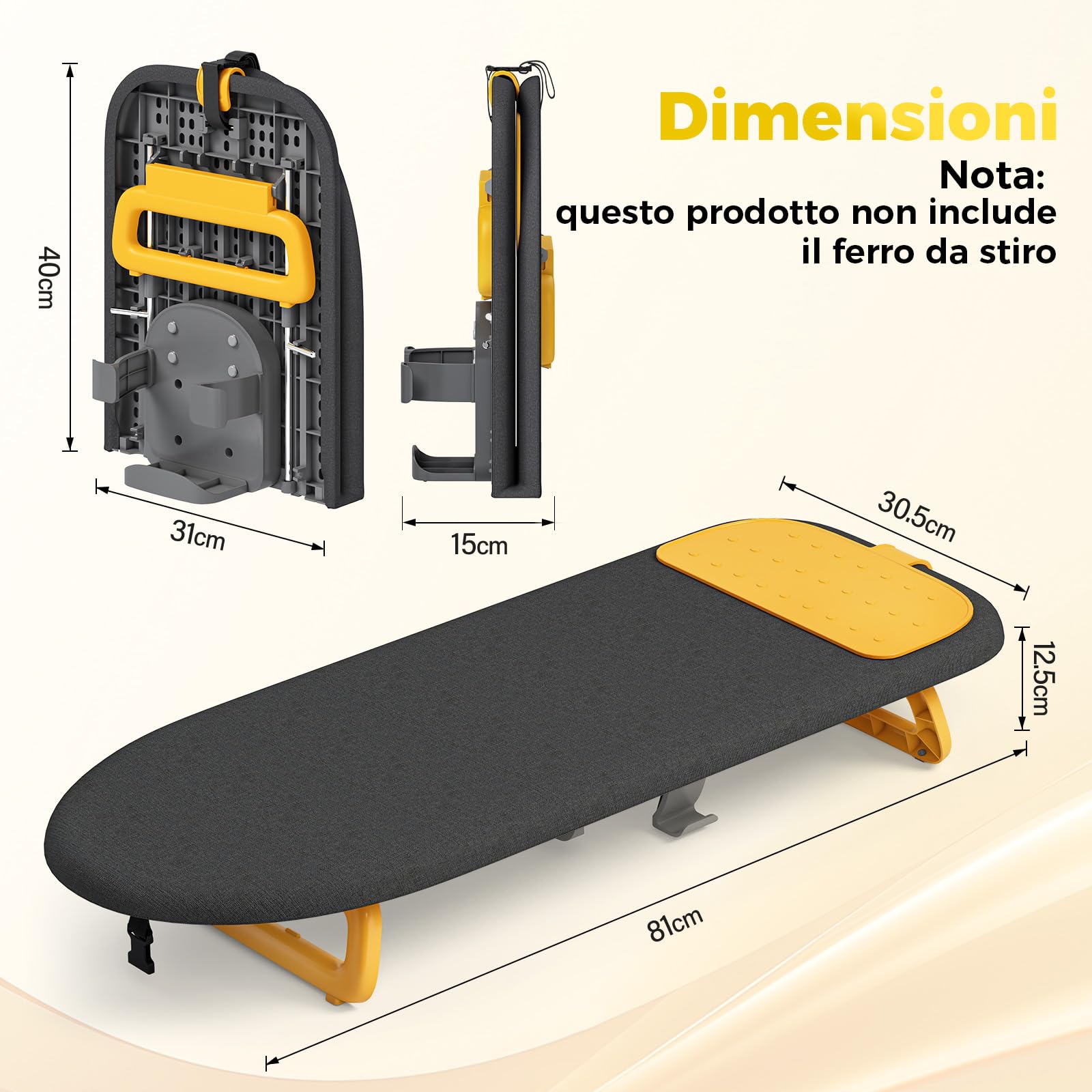 KINGRACK Asse da stiro, con poggiaferro, pieghevole, Nero | Pieghevole e compatta, facile da riporre, ideale per viaggi e dormitori