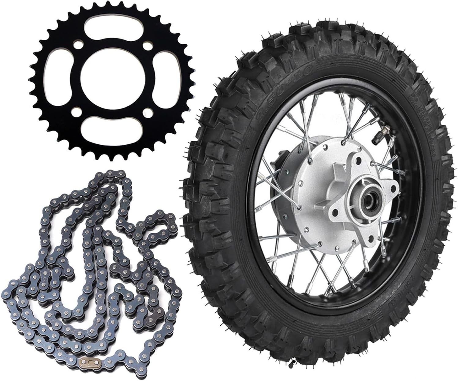 2.50-10 Dirt Bike Wheel Tire and Rim Drum Brake, 420 140 Links Chain, 37T Rear Sprocket Kit for DRZ70 XR50 PW50 CRF50 DRZ50 SSR BBR50 TTR50 Drum Brake Dirt Pit Bike 50cc -110cc