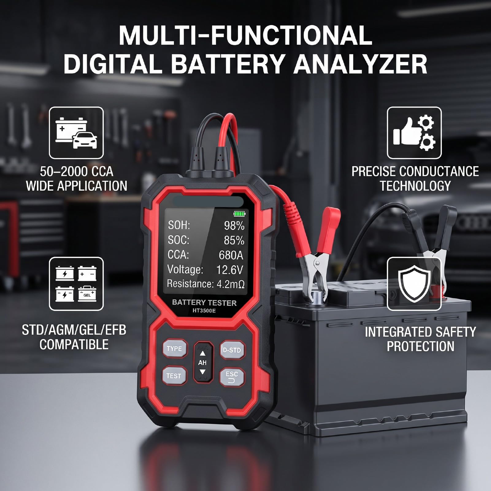 Tester Batteria, Analizzatore Batteria Digitale 50-2000 CCA con Test di Carico, Strumento Diagnostico Automobilistica per Auto, Camion, Motocicli, Barche