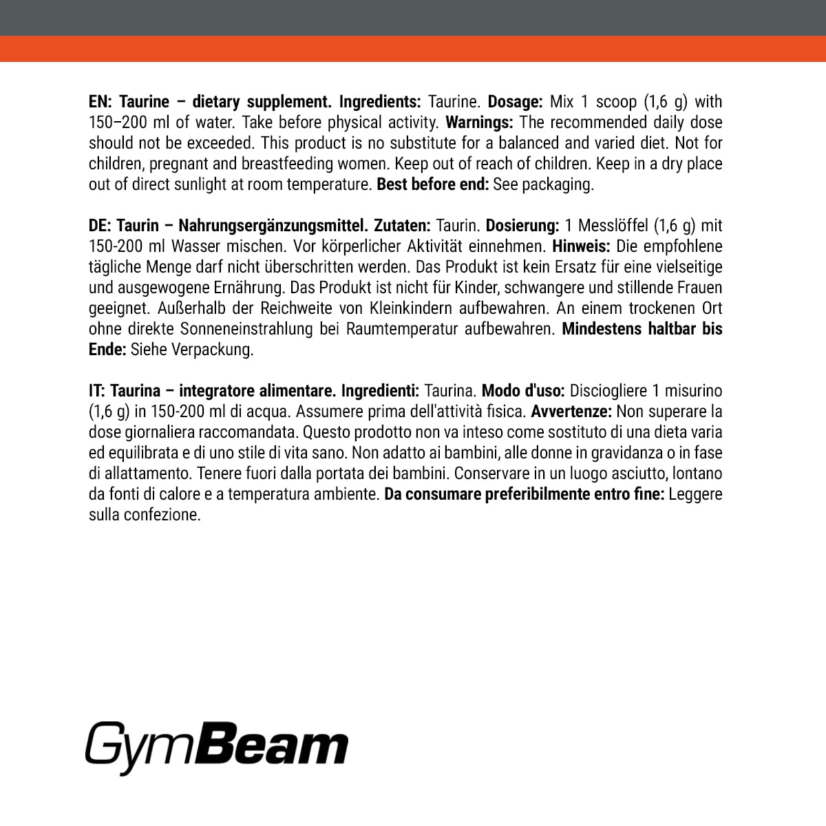 GymBeam Taurina Integratore - Taurina Polvere Solubile, Taurina Pura al 100% per Bevande Energetiche e Mix Pre-Workout, Adatto a Vegani, Ideale per Atleti (500 g)
