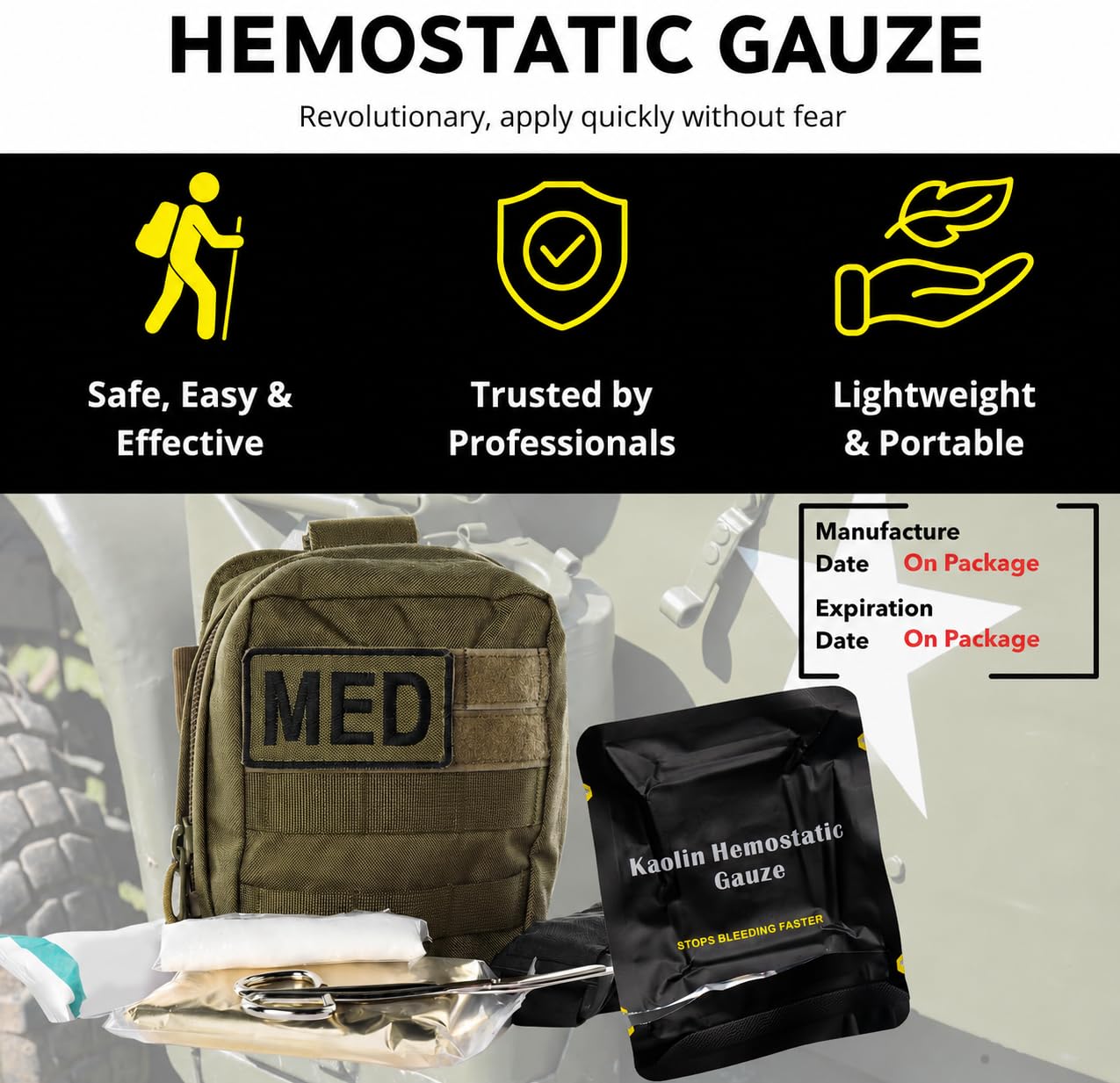 Charter Tactical First Aid - Garza emostatica flessibile per fermare lo spurgo più velocemente con una garza per coagulazione rapida, kit di sopravvivenza, 7,6 cm x 31 m