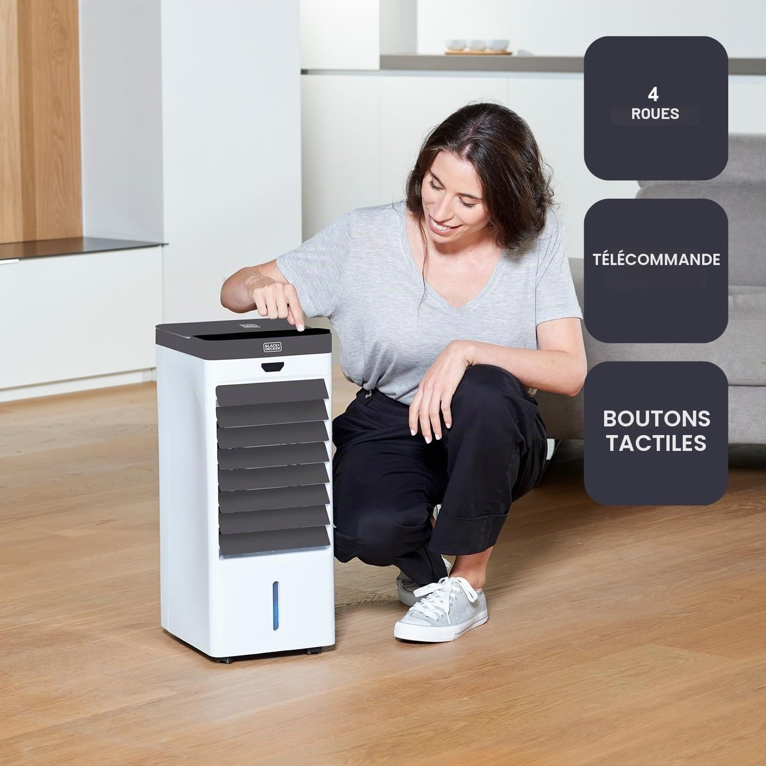 BLACK+DECKER - Rafraîchisseur d'air évaporatif 75 W | Réservoir 5 L | Oscillation | Écran digital | Télécommande | Minuterie 7,5 h | 3 vitesses et modes | 4 bacs à glace | Roulettes