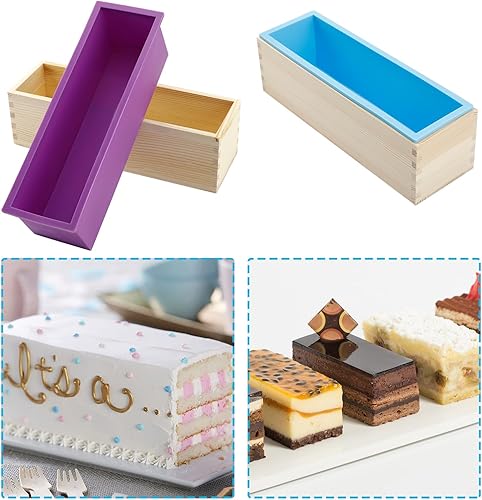 Miniatura 6 de Molde de silicona flexible para jabón, molde rectangular para tostadas con caja de madera para hacer pasteles de jabón, 42.33 oz (morado + azul)