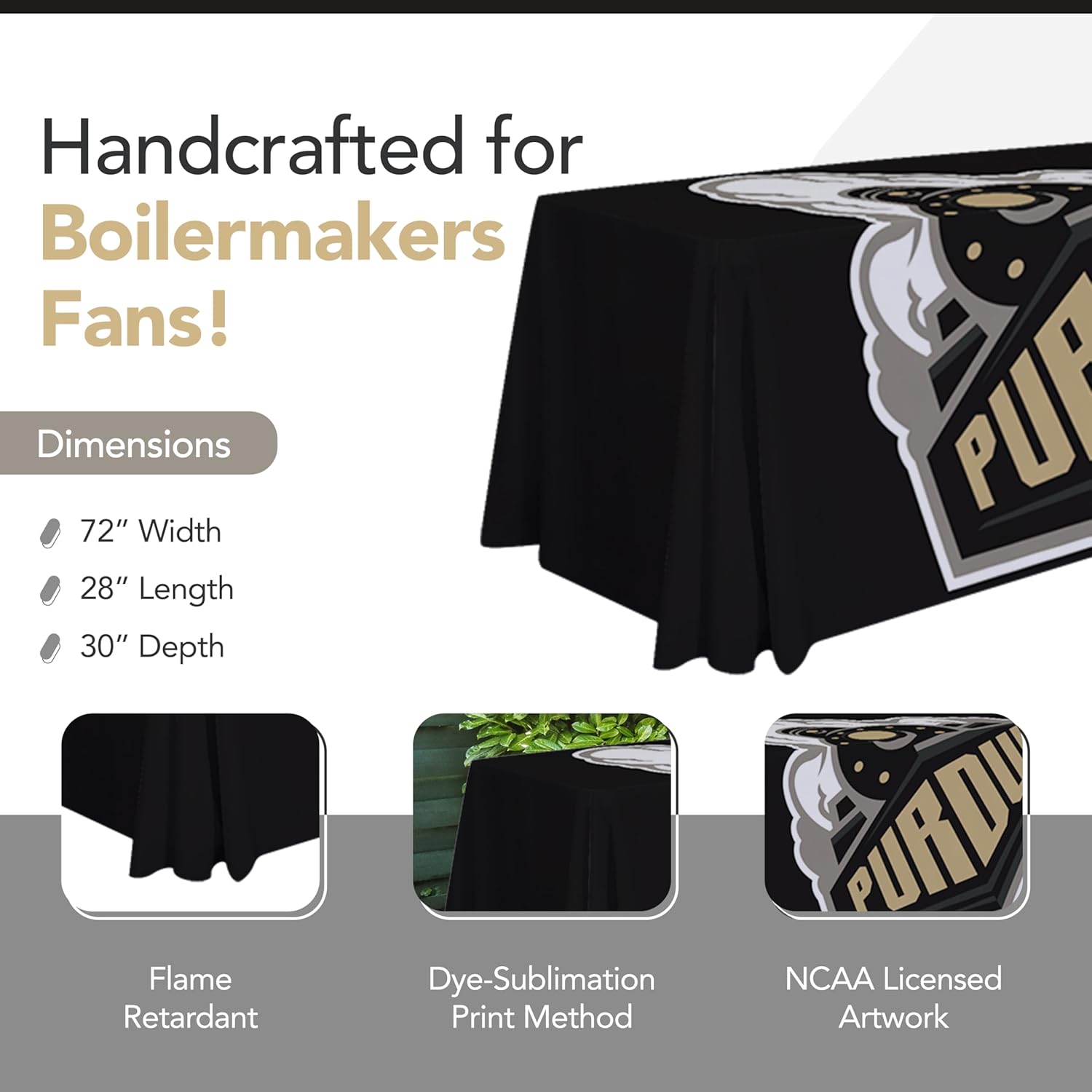 Victory Corps Purdue Boilermakers College Sports Printed Table Throw - NCAA Licensed - Polyester - School Tablecloth (Black, Gold, White) (6' Draped)