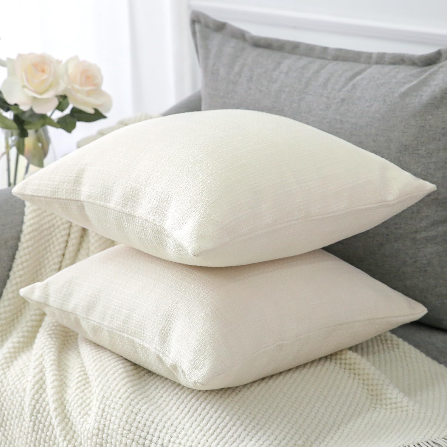 OTOSTAR Linen Throw Pillow Covers Set of 2 Decorative Square Pillowcases Cushion Covers 28x28 Inch for Home Decor Sofa Bedroom Car 70 x 70 CM Cream White/Beige