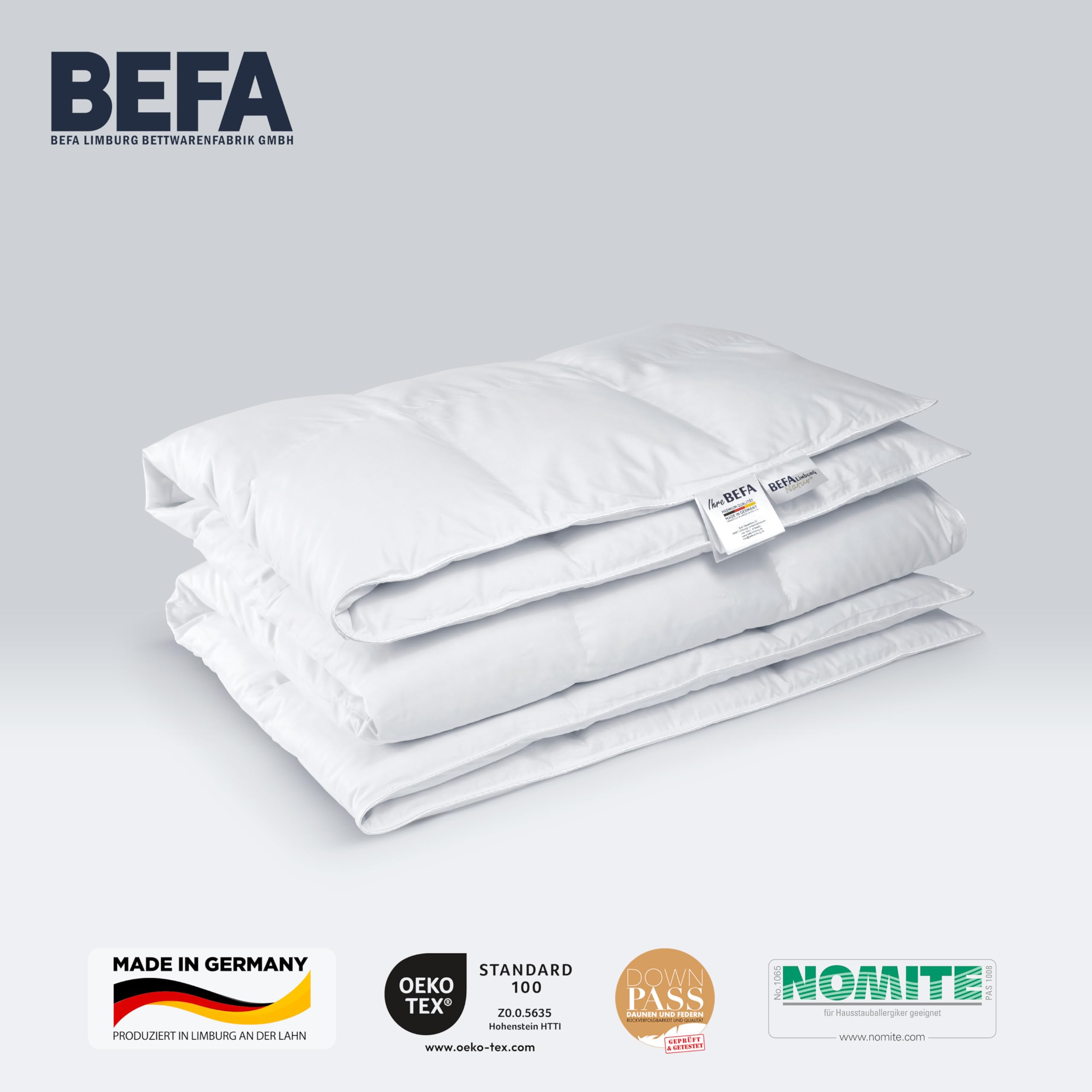 BEFA NATUR Made in Germany Tencel kołdra puchowa 200 x 220 cm z 90% puchu i 10% pierza, nadaje się na wszystkie pory roku, nadaje się dla alergików (Nomite), EN Standard 12934, Öko-Tex 100 klasa 1,
