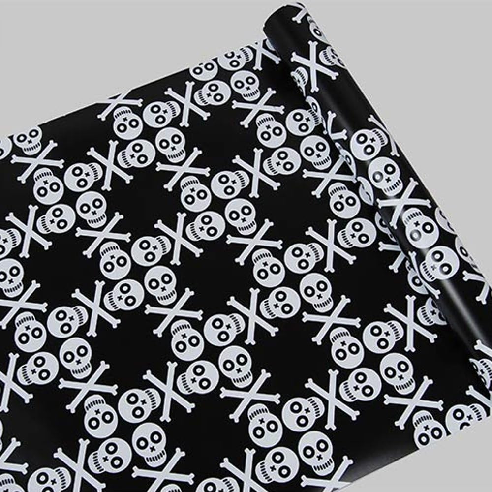 Yifely White Skeleton Skull Furniture Protective Paper Black Self-Adhesive Shelf Liner Bookcase Sticker Halloween Decor 17.7 Inch by 13 Feet