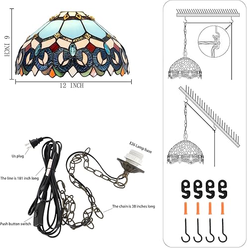 Miniatura 3 de Tiffany - Lámpara colgante con enchufe, lámpara colgante de vitrales de 12 pulgadas, cadena de 39 pulgadas, cable de 15 pies para sala de estar,