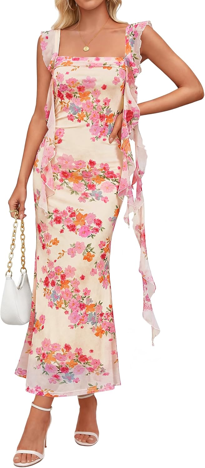 ZESICA Women's Summer Sleeveless Floral Maxi Dress 2026 Square Neck Chiffon Mesh Ruffle Beach Vacation Bodycon Dresses