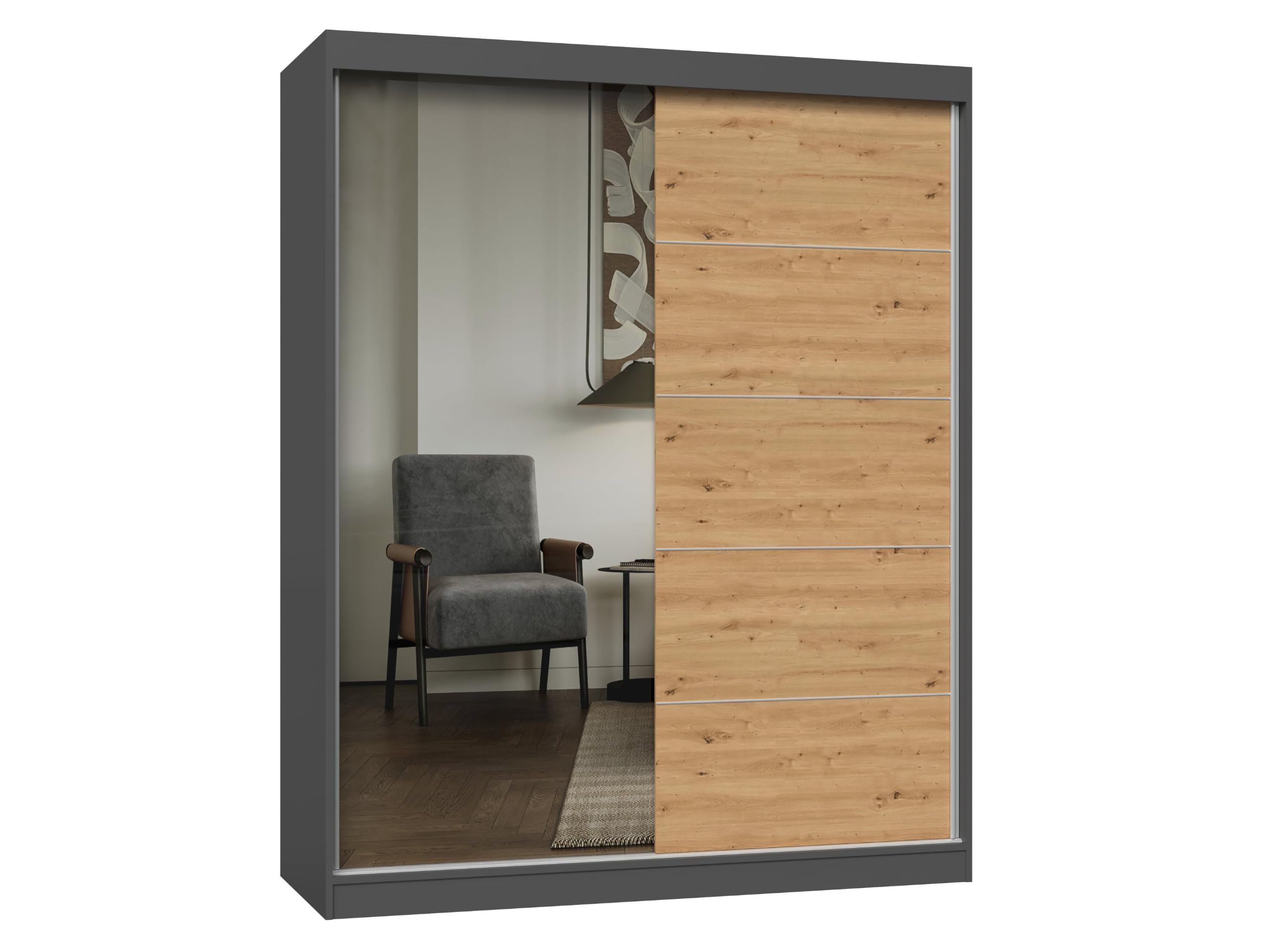 ARREDO DA CASA Armadio con Ante Scorrevoli 160x200x61 cm, 2 Ante, 5 Ripiani, Specchio Rovere/Antracite AT23