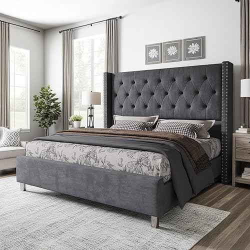 Miniatura 11 de Jocisland Base de cama tapizada de terciopelo tamaño King, con plataforma capitoné de perfil bajo, cabecera con alas elevadas, soporte de listones