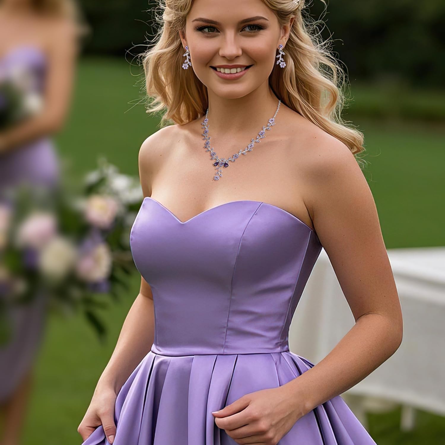 BriLove Women's Wedding Jewelry Leaf Cluster Flower Crystal Dangle Earrings Pendant Necklace Set for Bridal - Image 2