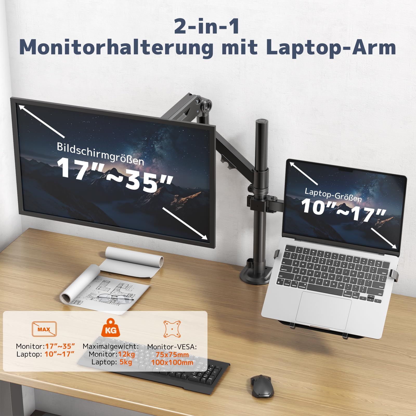 Soporte Monitor con Brazo de Gas para Pantallas 35" - Plataforma Integrada para Portátil 17" - Carga Máx 12KG Monitor/5KG Plataforma - VESA 75x100