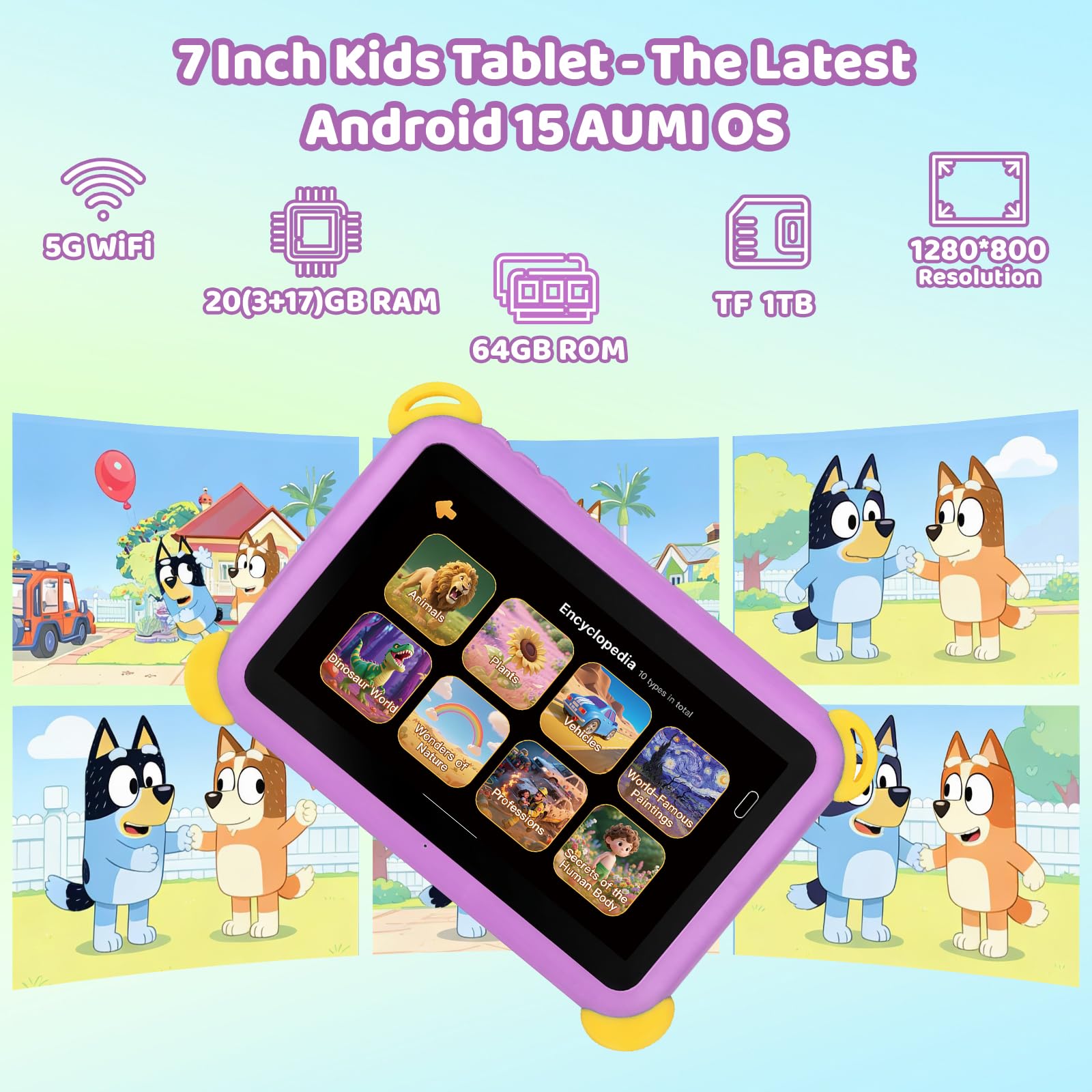 Kids Tablet 7 inch Android 15 Tablet for Kids, 20GB+64GB (TF 1TB), Android Tablet with Parental Control, AI Dual Cam & Learning, WiFi 6/BT 5.3, Widevine L1, Kid Tablet with Protective Case - Purple - 2