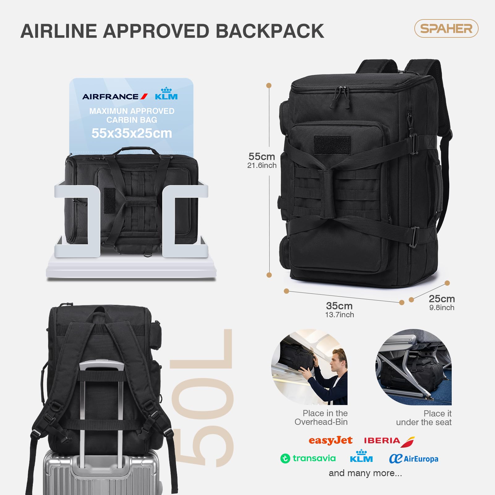 SPAHER 50L Sac à Dos Voyage Randonnée Tactique 55x35x25 Bagage Cabine Air France KLM Sac à Dos Cabine Avion Imperméable Grande Bagage à Main Femme Homme pour Trekking Sport Camping, Nior
