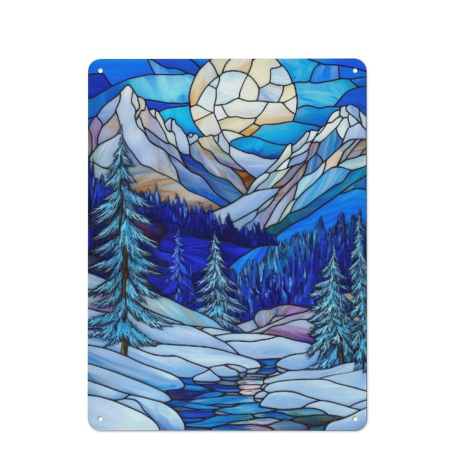 Junmoney Stained Glass Mountain Scene Retro Metal Plaque 40X30cm Featuring For Garage Wall, A Winter Wall Decor Update For Workshop Decor Fans