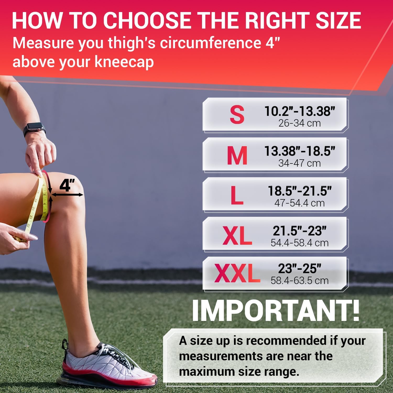 DR. BRACE ELITE Knee Brace Sizing Guide Sizing chart for DR. BRACE ELITE Knee Brace illustrating how to measure thigh circumference 4 inches above the kneecap, with size options: S (10.2