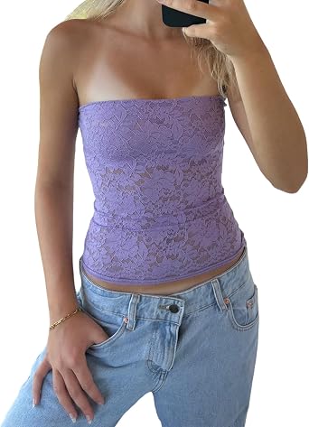Women Sexy Y2k Sleeveless Lace Tube Tops Off Shoulder Backless Bandeau Tank Crop Top Summer Going Out Vest Shirt