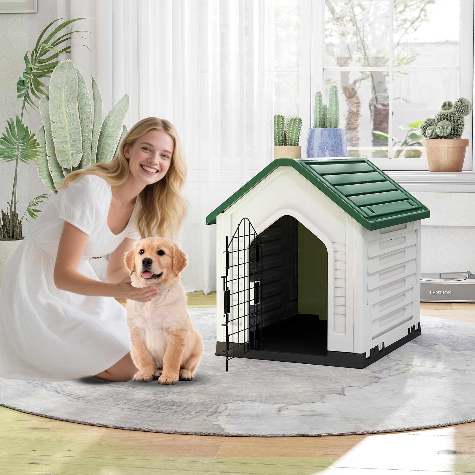 GYMAX Caseta para Perros, Casa de Plástico para Perros con Puerta Metálica Bloqueable, Techo Inclinado, Buena Ventilación, Refugio para Animales Adecuado para Interior, Exterior (Verde)