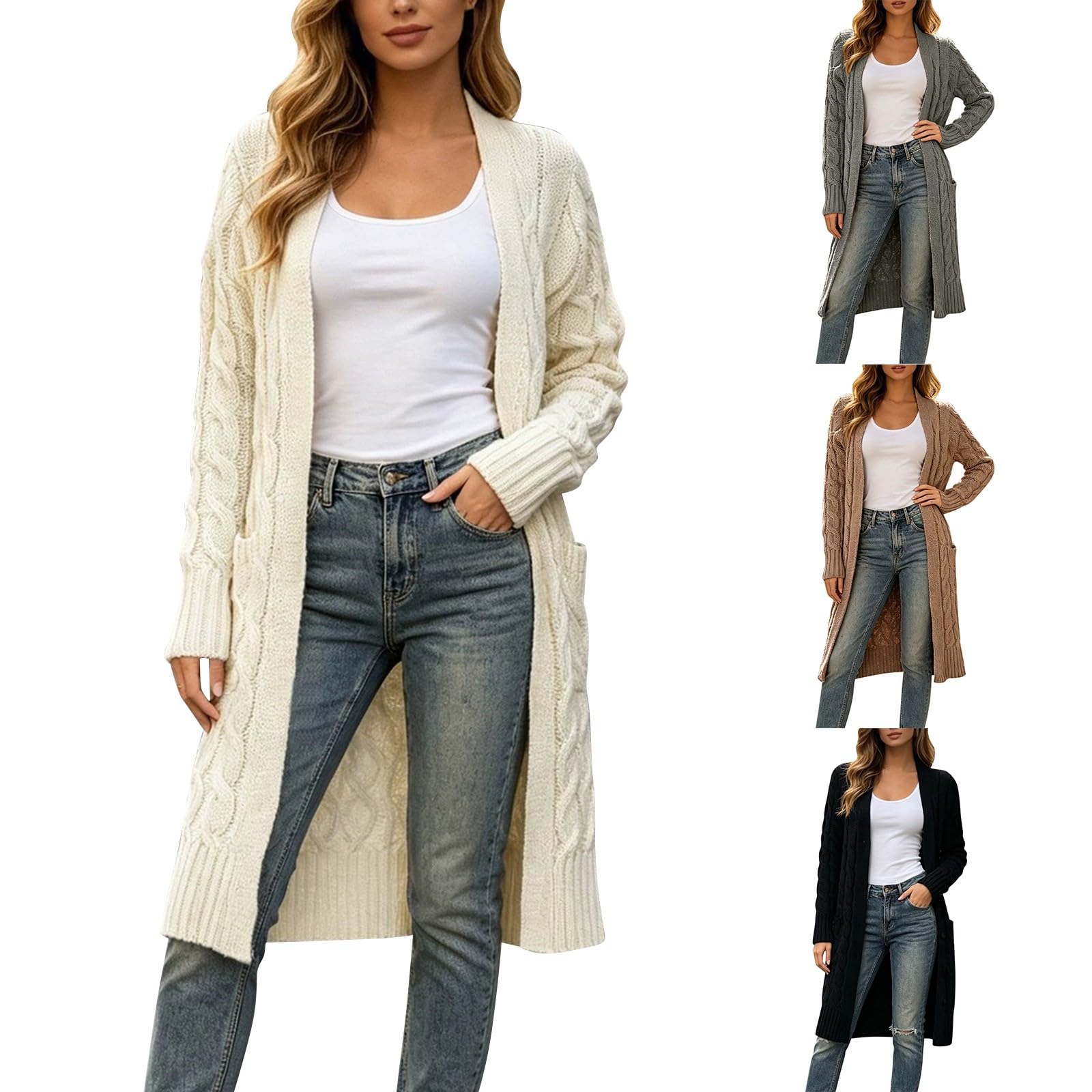 Cardigan da donna aperto sul davanti, a costine, casual, tinta unita, a