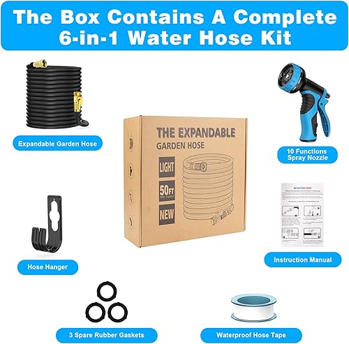 Miniatura 7 de Manguera de jardín expandible de 50 pies con boquilla rociadora de 10 funciones, manguera de agua con 50 capas de nanogoma, conector de latón macizo