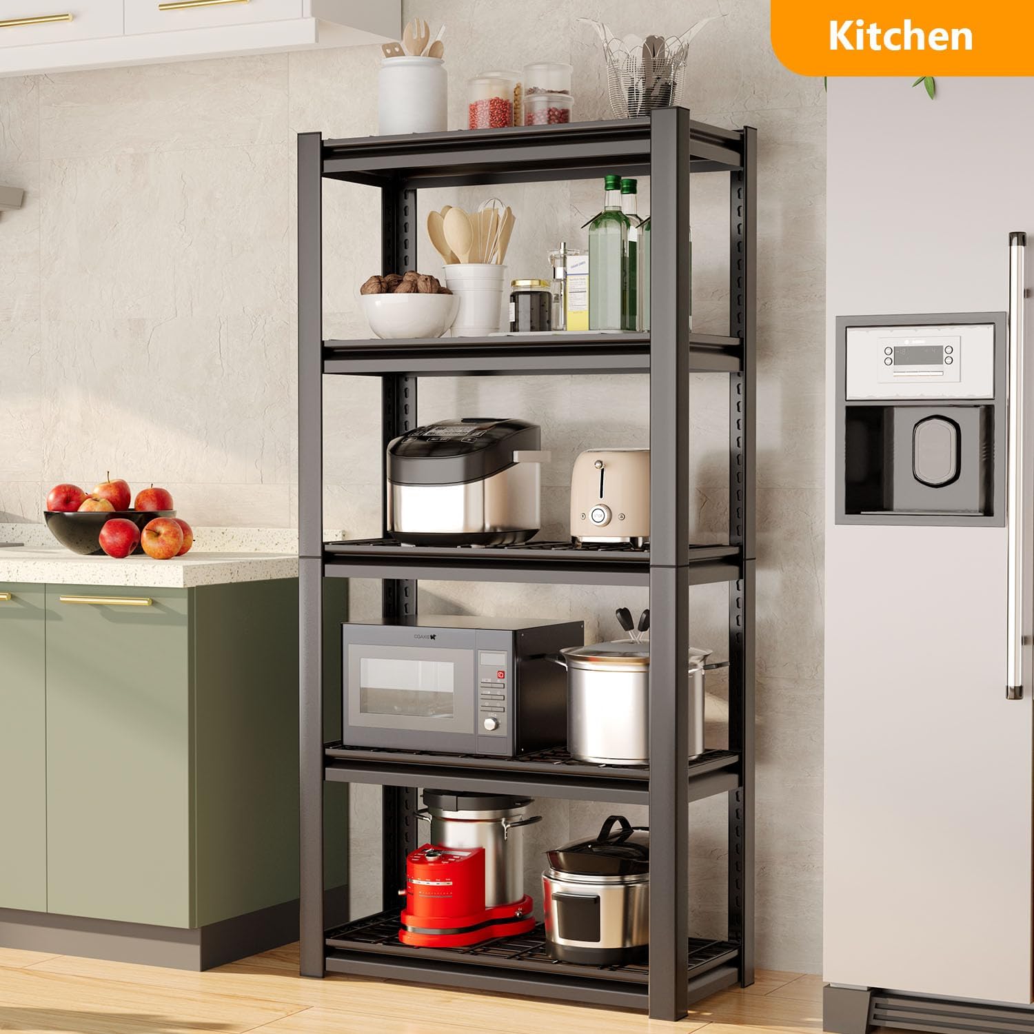 72" Storage Shelving Unit, Heavy Duty 5-Tier Adjustable Metal Rack, Standing Utility Shelves for Garage, Basement, Pantry, Kitchen, Warehouse, 3000 lbs Capacity, 72" H x 35" W x 16" D, Black