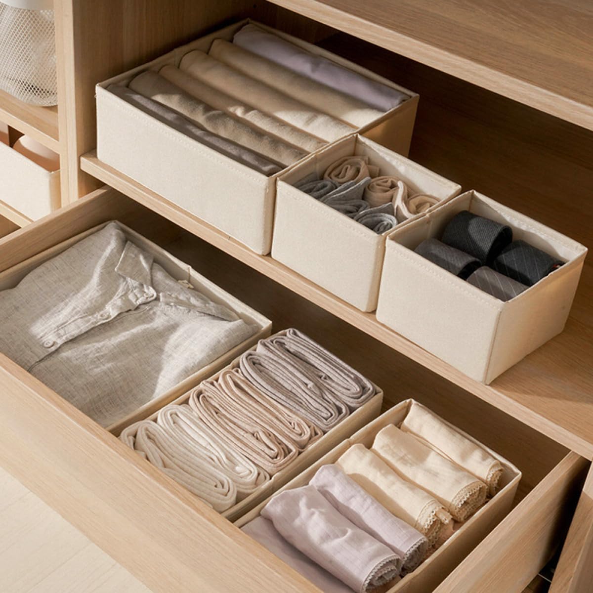 Generico Set 3 Pezzi Organizer per Cassetti Beige per Calzini e Biancheria Intima Scomparti per Cassetti e Stanze di Stoccaggio