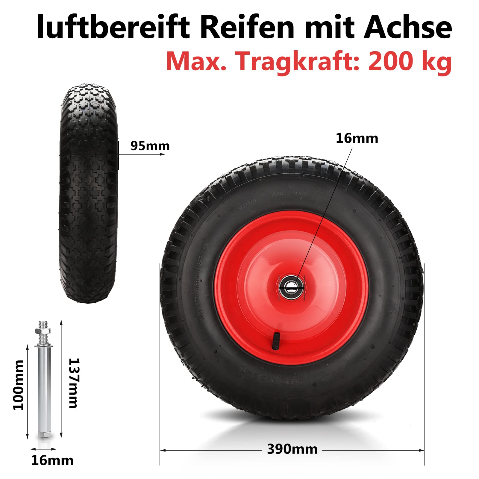 4x Schubkarrenrad 4.80 4.00-8 PU luftbereift mit Achse, Ø 390 mm, bis 200 kg Traglast, 95 mm, Gummirad Luftreifen