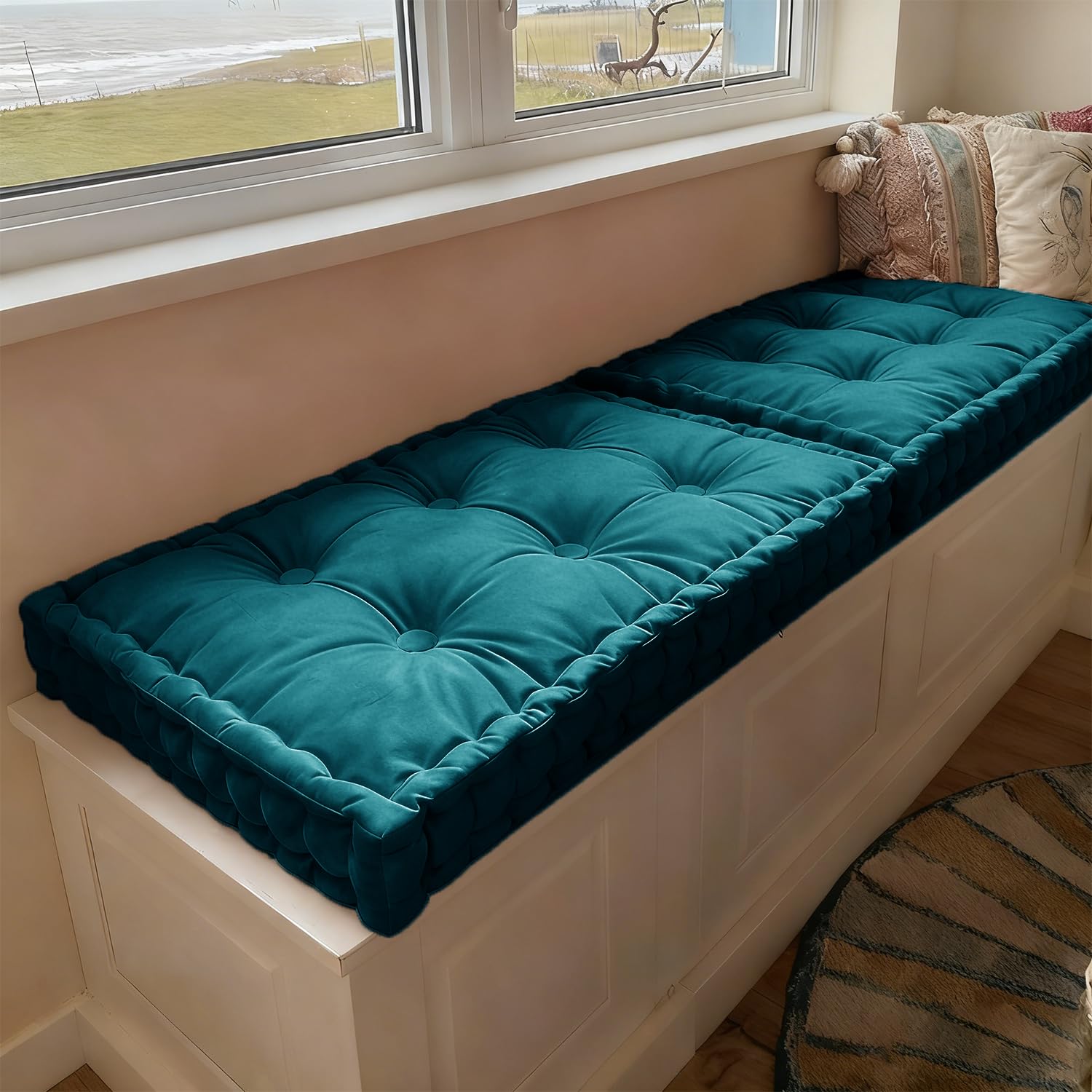 WLXFF Bench Cushion Indoor, Velvet Window Seat Cushions with Handle 10cm Thick Plush Windowsill Seat Cushion, Bay Window Cushion, Tufted Buttons Bench Seat pad for Piano, Dining Chairs,NO7,160X60cm