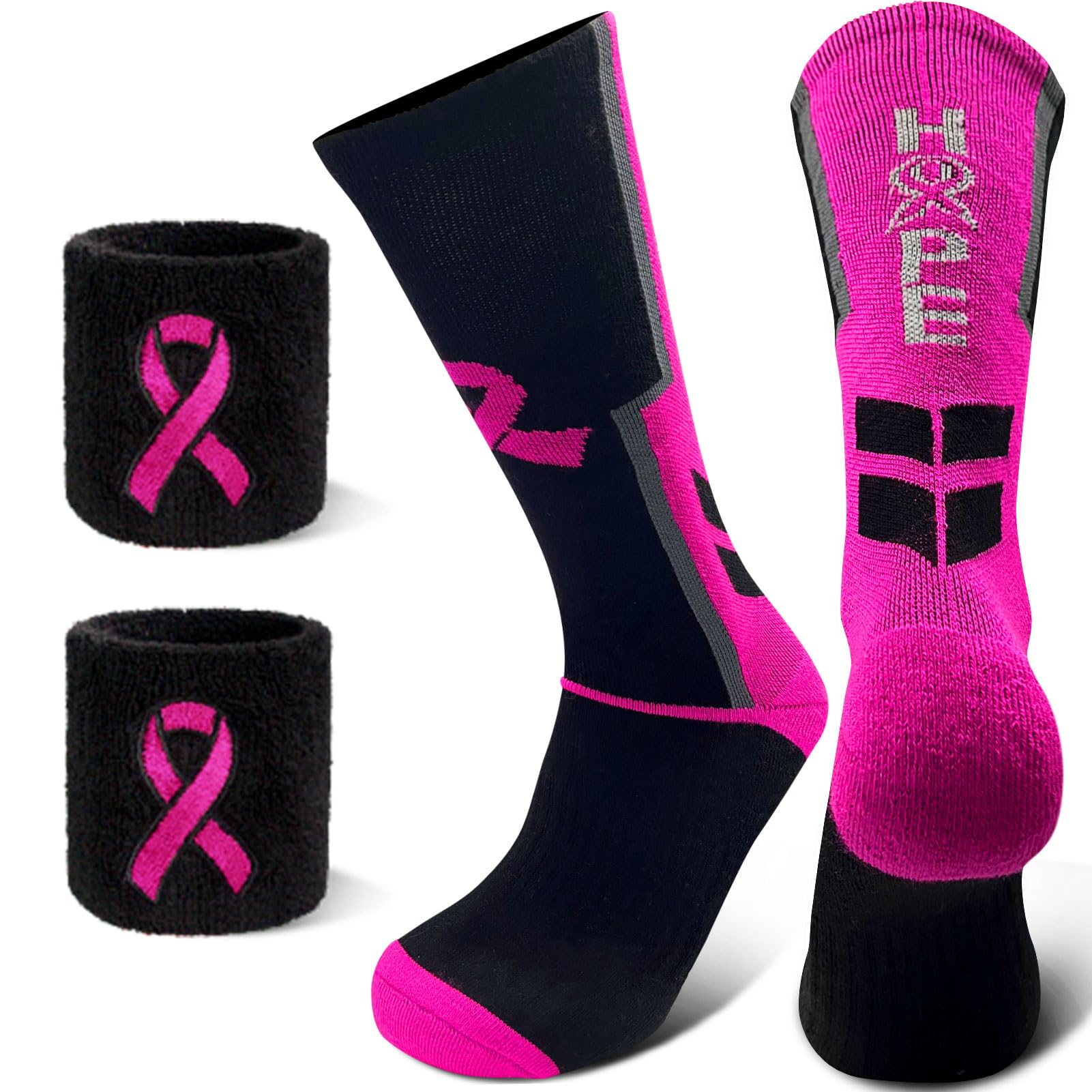 Breast Cancer Awareness Pink Ribbon Hope Socks &amp; Wristbands Set