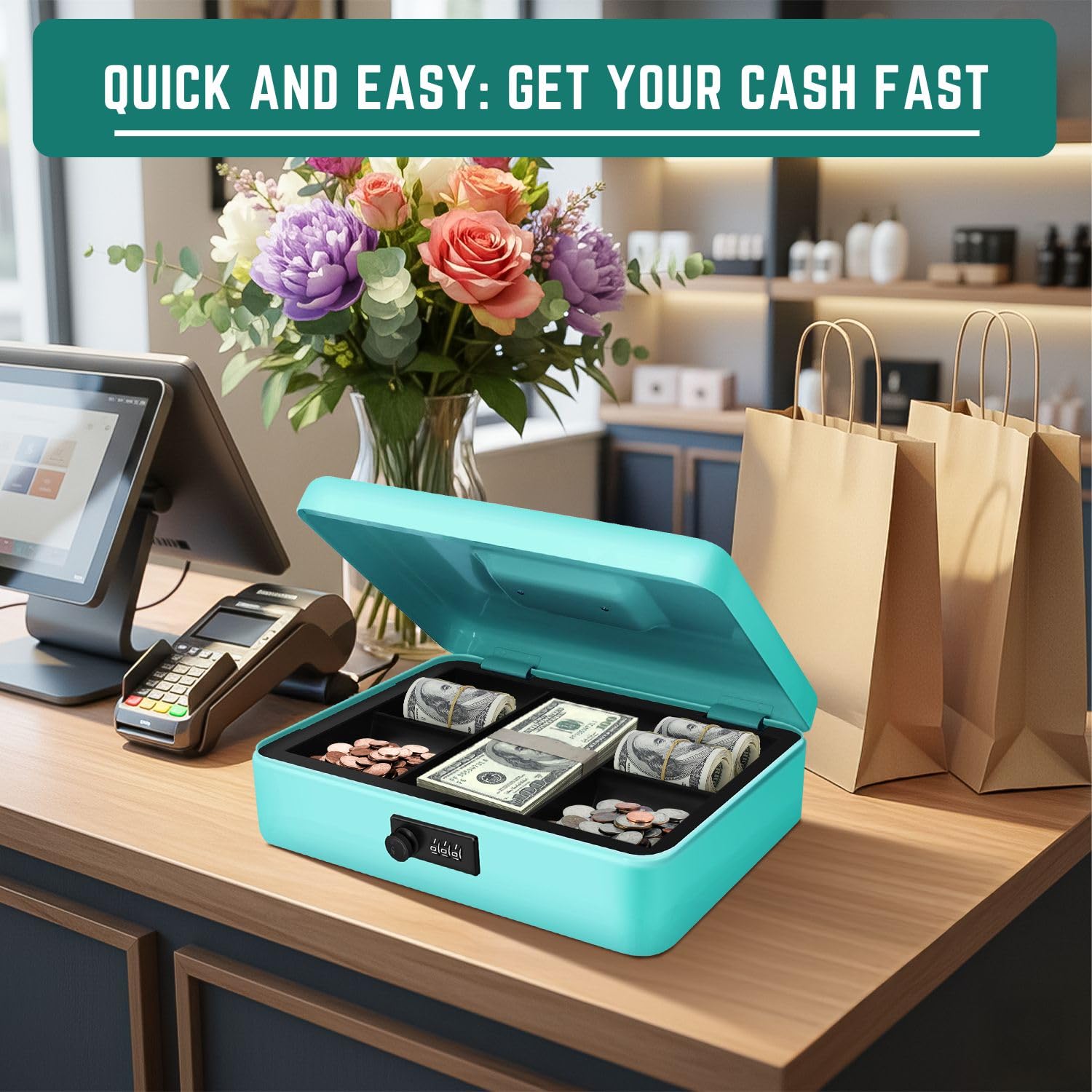 Flexzion Caja de dinero con llave, caja de dinero para negocios en efectivo, cajero y dinero en efectivo, caja de metal azul con llave de bloqueo, bandeja de billetes con resorte y ranuras para