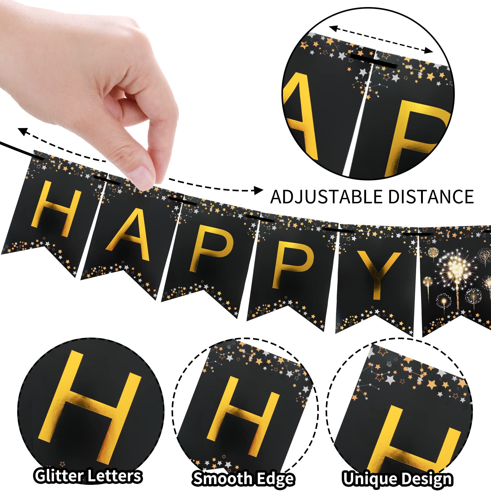 Fahrendom 4er-Set Kissenbezüge 'Happy New Year' – 45,7 X 45,7 Cm, Schwarz/gold, Mit Feuerwerk & Uhr-Motiv, Baumwoll-Leinen