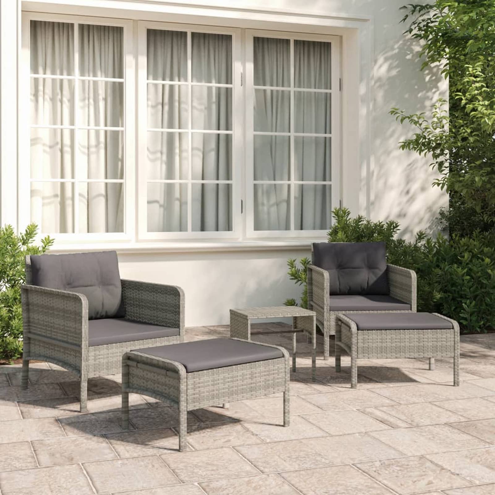Ensemble de 5 pièces en polyrotin salon de jardin gris avec coussins