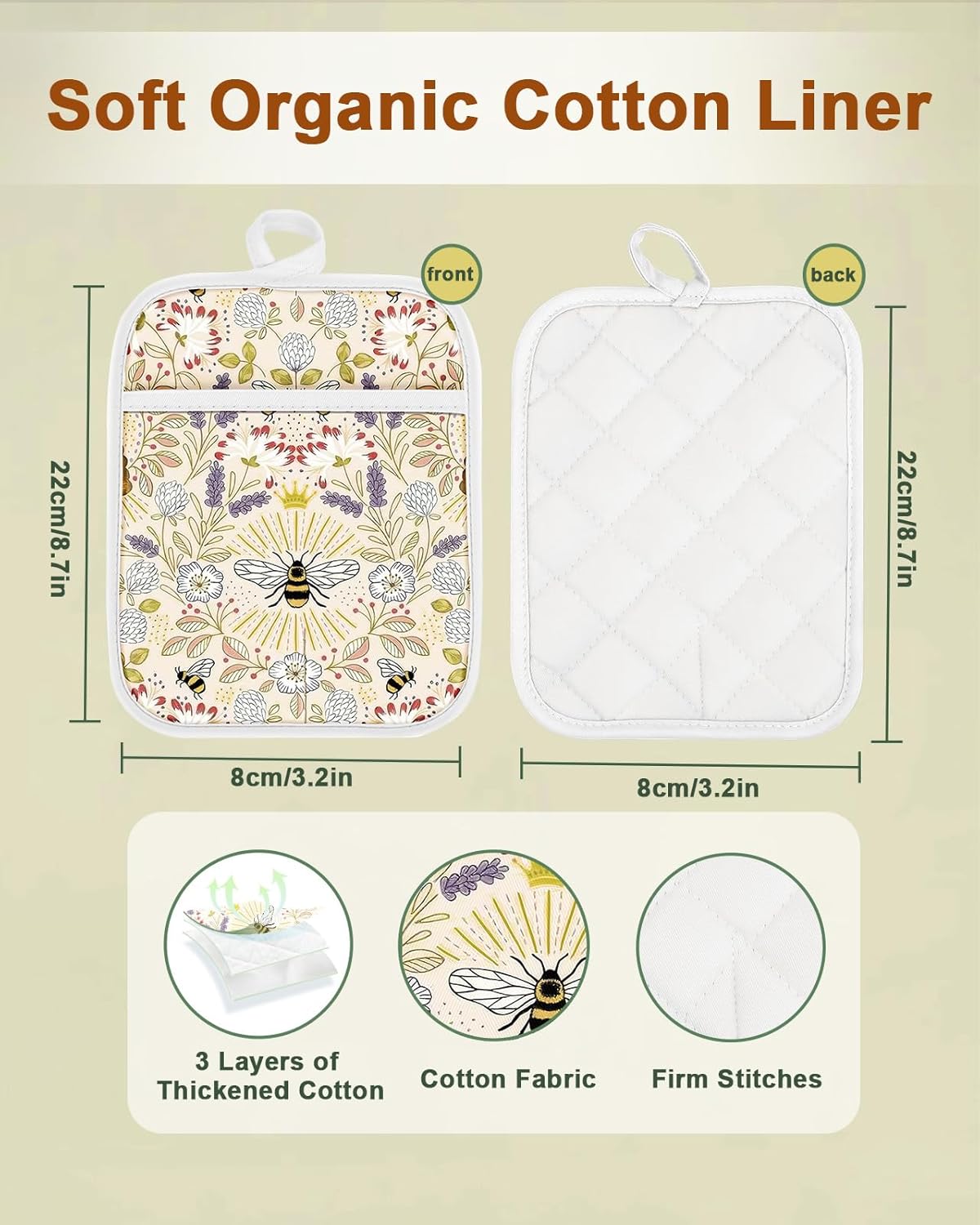 Swooflia 100% Cotton Pot Holders 2 Pack Set for Kitchen with Pockets - Cute 440°F Heat Resistant Oven Hot Pads Heavy Duty for Countertop Home Cooking Baking Microwave BBQ Bee - Image 2