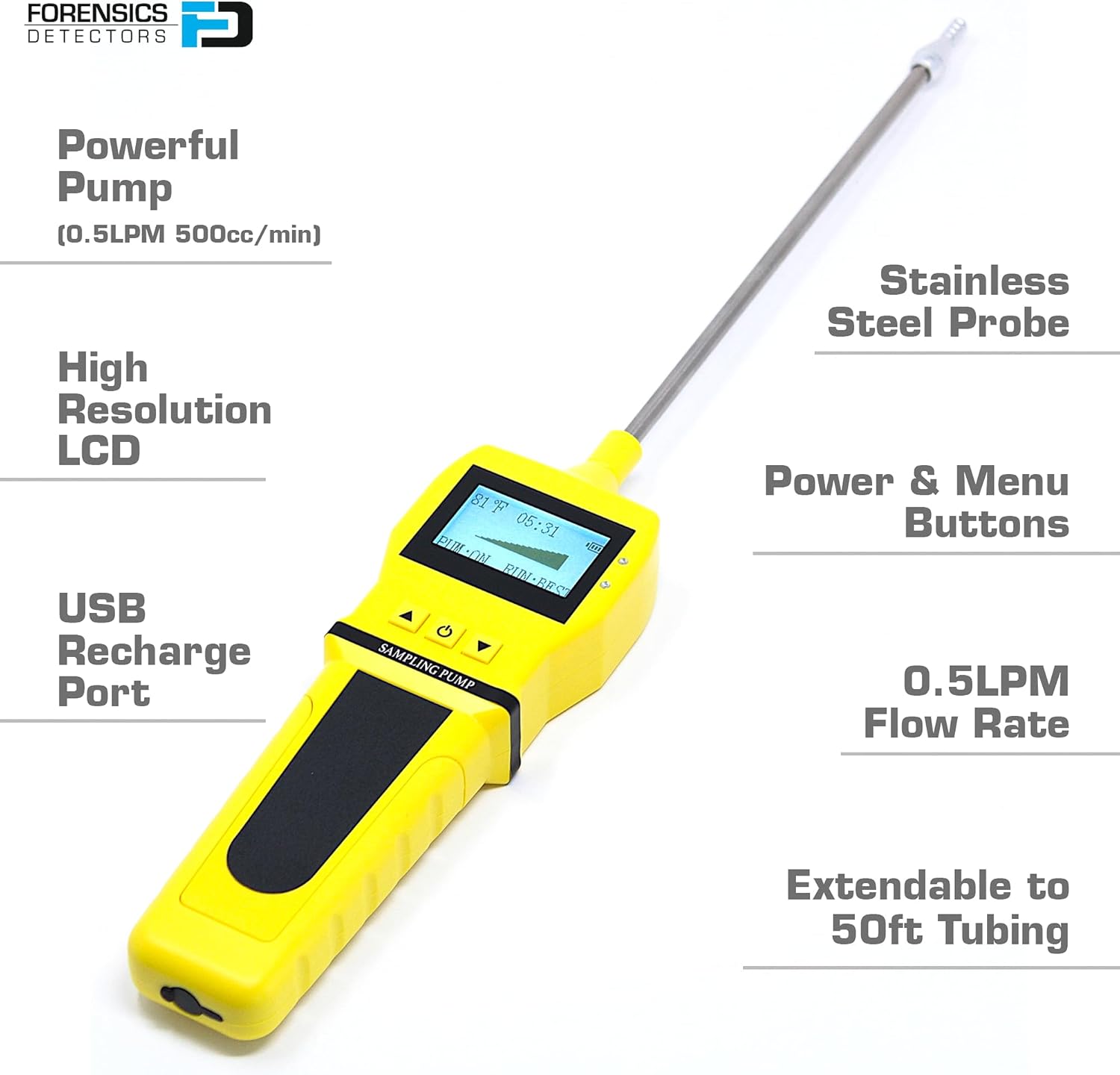 Gas Sampling Pump by Forensics | Stainless Steel Probe | Made for Gas Detectors & Meters | Flow Rate: 0.5LPM, 500cc/min | Strong ABS | USB Recharge |
