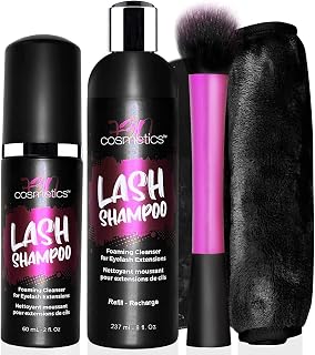 Eyelash Extension Cleansing Set with Foaming Shampoo, Refill Bottle, Brush and Makeup Remover Towel - Non-irritating Cleanser for Extensions and Natural Lashes