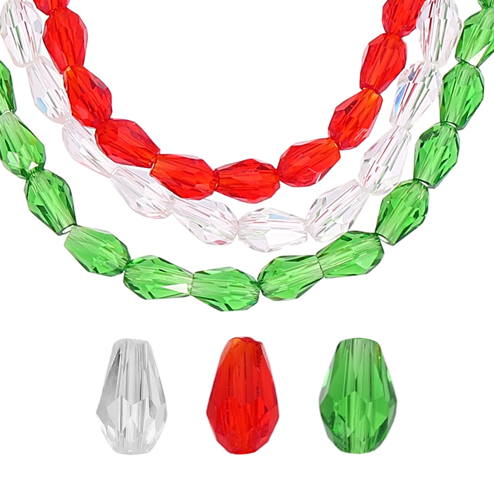 sourcing map 285 PCS Teardrop Crystal Glass Beads, 3x5mm Vertical Hole Faceted Glass Teardrop Spacer Beads for Necklace Bracelet DIY Jewelry Making, Bright Red/Grass Green/White — image 1