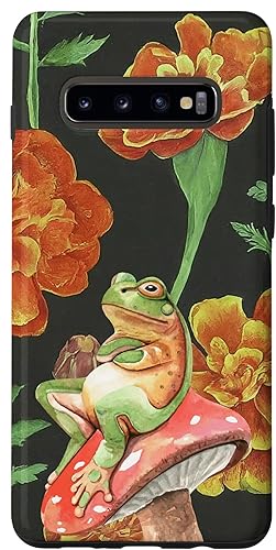 Galaxy S10+ Frog on Mushroom Marigolds Yellow Orange Plant Pattern Case