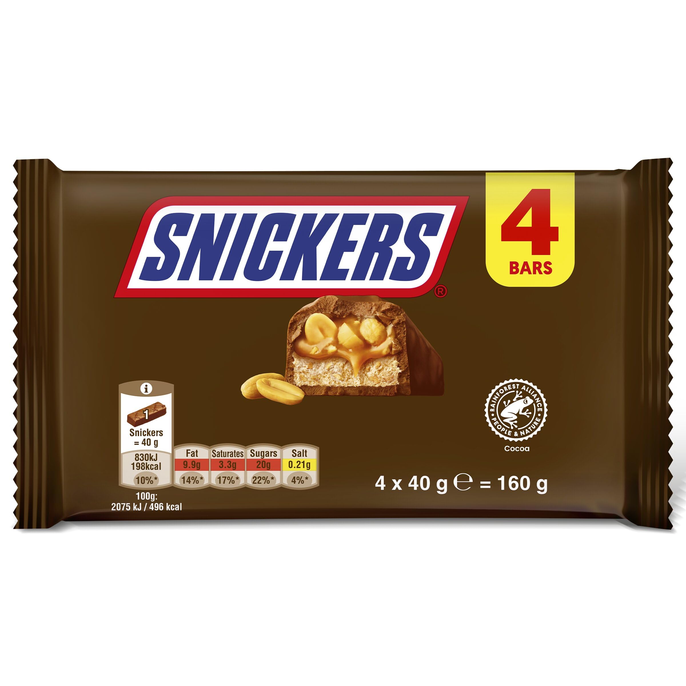 Snickers Peanut Chocolate Bars Multipack, 4 x 40g Bars with Caramel & Nougat, Chocolate Gift Box for Sharing Snacks, Movie Nights & Office Treats